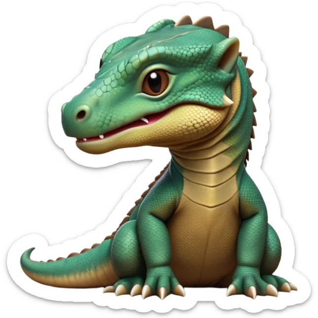Cinematic Realistic Cute Komodo Dragon Portrait Emoji, Head tilted playfully and inquisitively, featuring a compact, robust build with finely detailed, textured scales in natural earthy hues and a characteristically alert face with bright, curious eyes, rendered with lifelike clarity, high shine, affectionate and surprisingly endearing, styled with a touch of wild charm, soft glowing outline, capturing the essence of a mischievous yet lovable Komodo dragon that seems poised to inch its way out of the screen into your arms! sticker