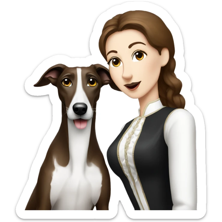 Two aristocrat dog black and white galgo kiss with women brown hair  sticker