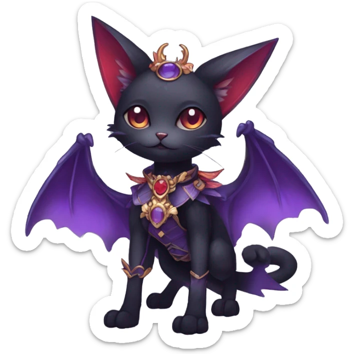 cool kawaii edgy black purple red ethereal fantasy beautiful elegant nargacuga-bat-cat-Fakemon wearing legs spats a collar harness with jewelries full body sticker