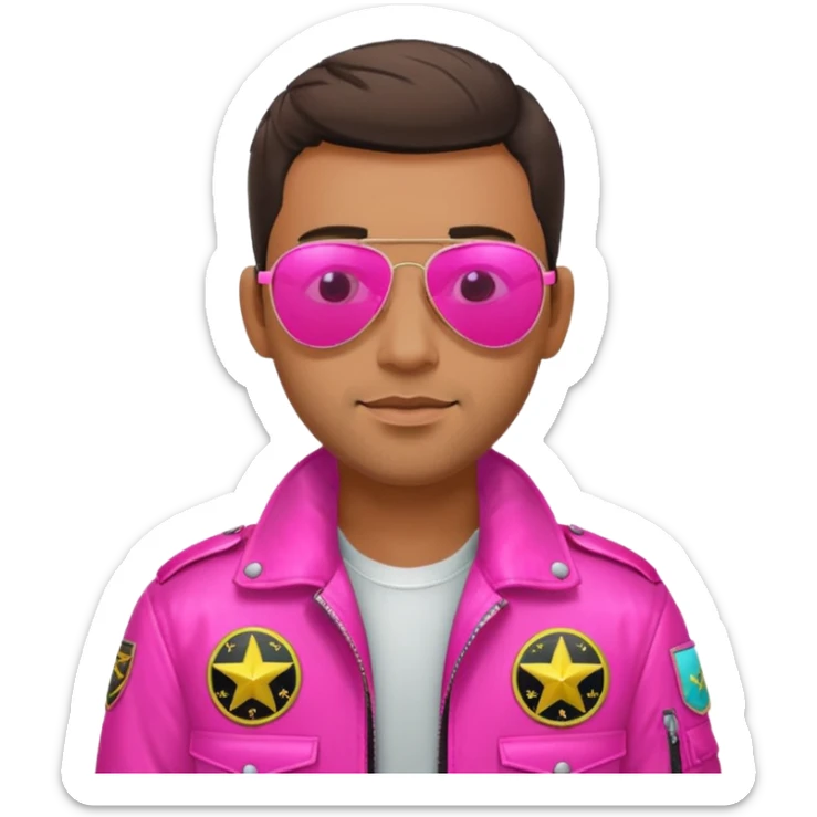 1980s cool man with stubble wearing reflective neon pink aviator sunglasses and a pilot topgun jacket sticker