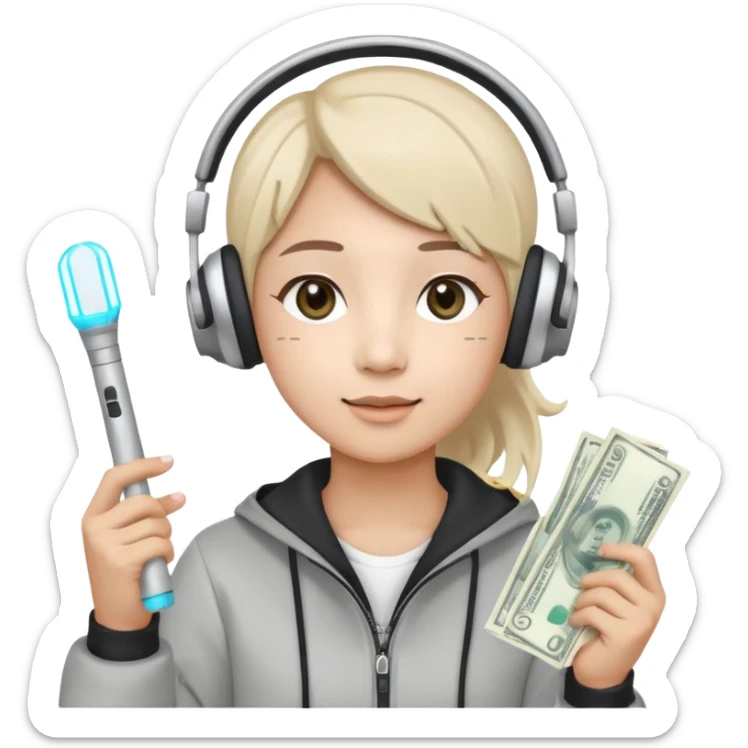 cute emoji style illustration of a K-pop fan holding a bright lightstick in one hand and cash money bills in the other hand, wearing a large headset on the head, round face, simple eyes, flat vector style, soft colors, transparent background, clean outline sticker