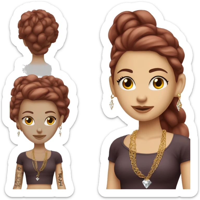 Caucasian European girl with light complexion and features . long burgundy hair, long eyelashes and has tattoos. She is wearing a crop top shirt and gold chain necklace and diamond earrings  sticker