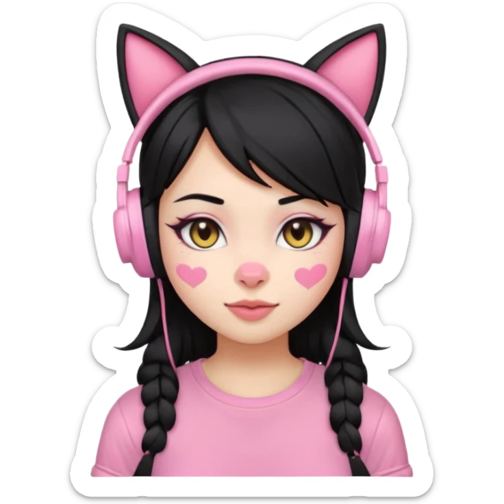 “Emoji girl, pastel pink streaks in black hair hair, bold winged eyeliner, heavy blush on cheeks and nose bridge, under-eye hearts, glossy pink lips, playful smirk and gaming headphones and cat ears.” sticker