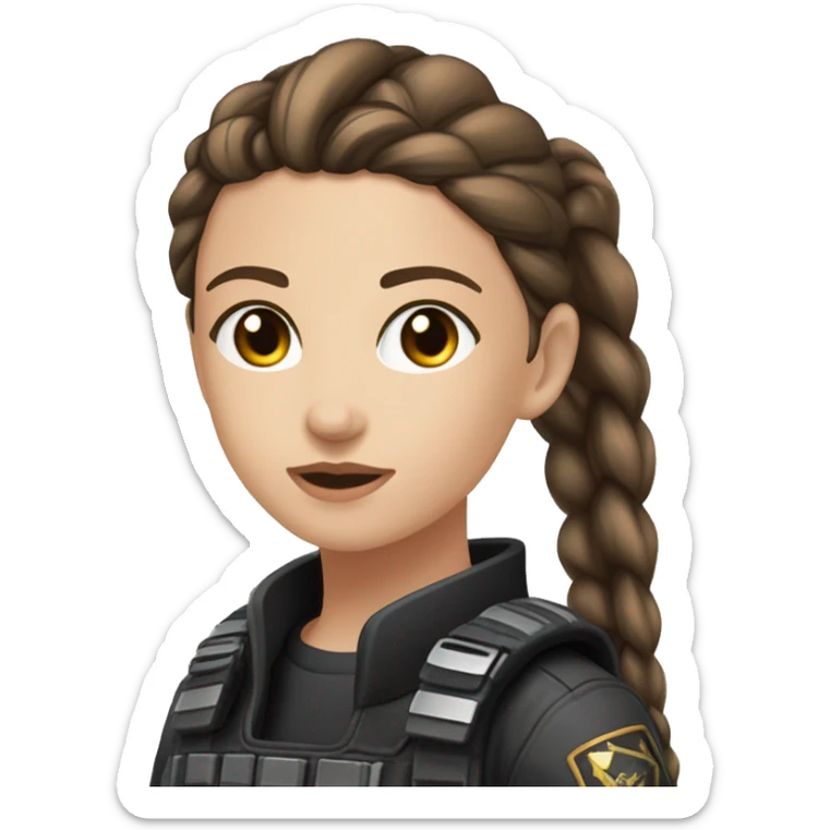 A young woman with a petite and slender build, pale, hazel eyes, and long brown hair that has a silver strand, pulled back into a braid. She’s wearing black tactical battle gear. sticker