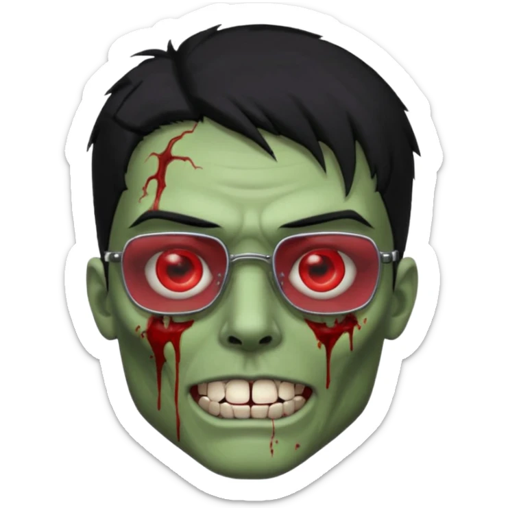 homem zumbi de óculos cabelo preto com muita olheira deixar pele dele verde dentes brancos e olhos vermelhos e ensanguentados deixar óculos quadrado e preto e olhos cheio de veias vermelhas e encher o rosto de piercings colocar piercing em todo rosto piercing prata sticker