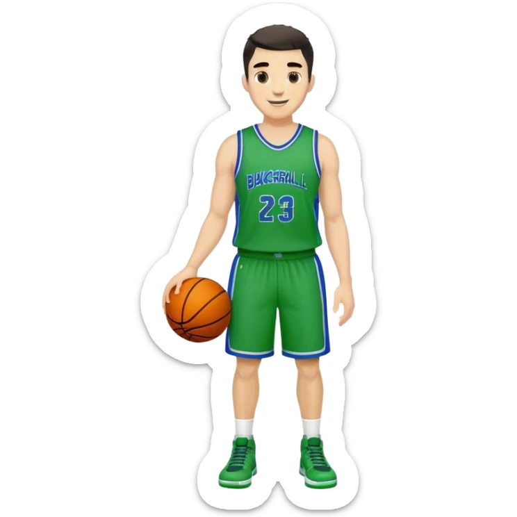 Full Body heavy white male with dark short spike hair basketball player wearing blue green uniform smiling sticker