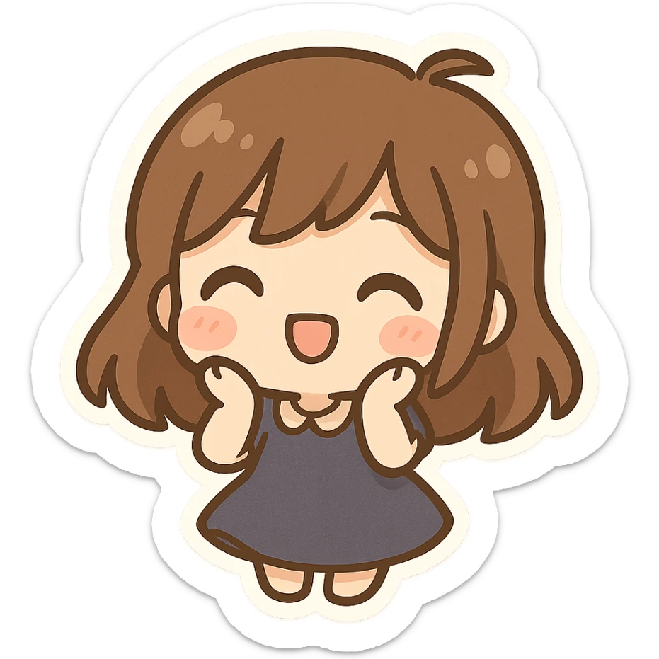 a girl with brown hair, cute, cartoon style, chibi stickers style sticker