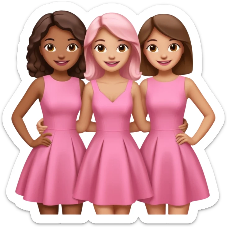 3 besties with professional glammed up looks wearing pink, medium skin tone smiling big sticker
