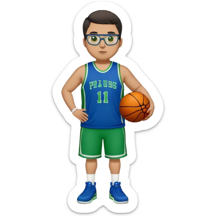 Full Body plus size white male with dark short hair basketball player wearing glasses wearing blue green uniform sticker
