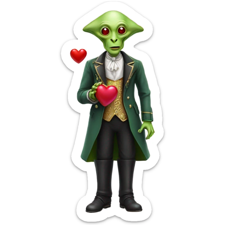 a green alien man in Victorian dress white gold, pink hair,holdig, red big hearth, full body sticker