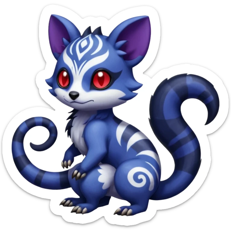 Rare warm-colored exotic gloomy tropical edgy cute epic aesthetic spooky indigo purple white black red gothic colorful Salandit-Furret-Espurr-Meowstic-Civet-species-Fakemon-hybrid-creature, with tribal tattoo markings, full body sticker