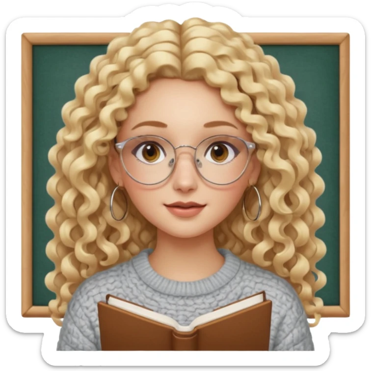 cute white woman with VERY LONG blonde curly hair, brown eyes, full lips, natural clean girl makeup and hoop earrings and square glasses, studying sticker