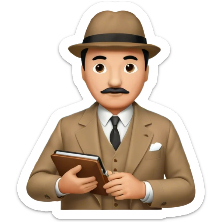 A cinematic-style frame showing Hercule Poirot in his iconic suit with a notebook in a dramatic detective pose. Background should be mysterious city, map, a board with photos of suspects, clues like fingerprints. Transparent background. sticker