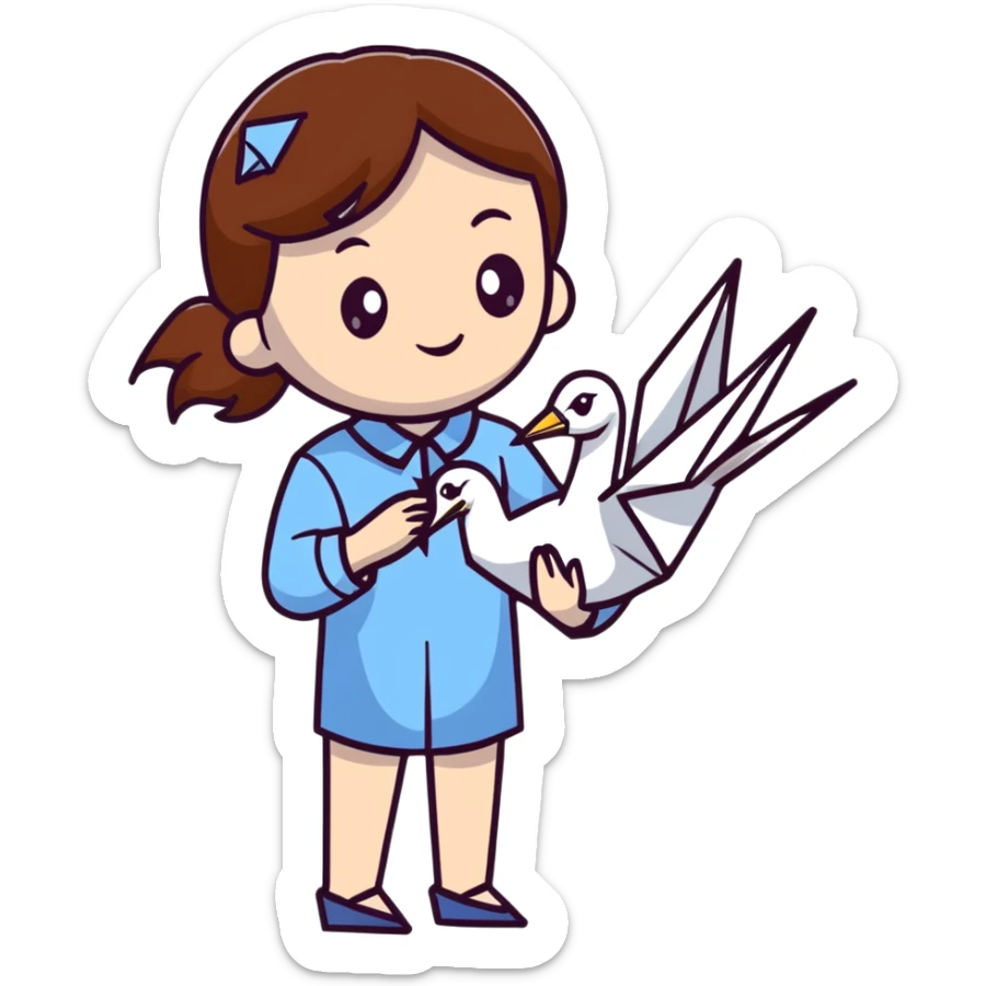 A Ukrainian young girl with brown hair wearing a white embroidered shirt holds an origami blue crane sticker