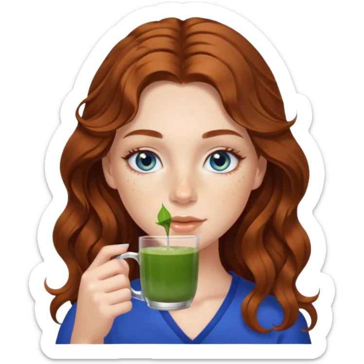 White girl with long wavy brown hair, freckles, blue eyes and long lashes drinking matcha sticker