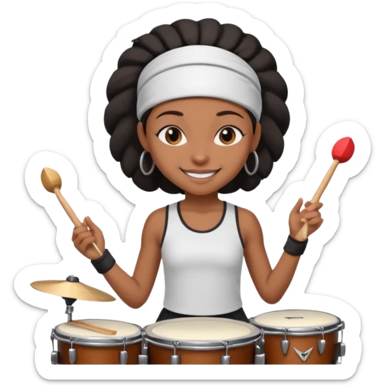 A black girl drummer with a sporty headband and clothes, tapping her drum rhythmically with a grin. sticker
