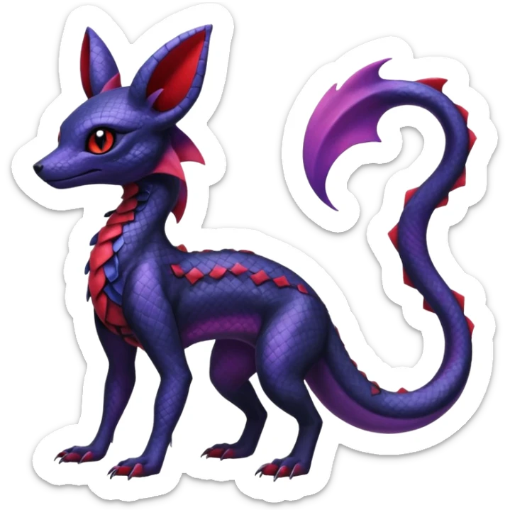 Gothic Black red purple Scaley Exotic Salandit-Umbreon-Suicune-Fakémon-hybrid-creature (full body), 4 legs sticker