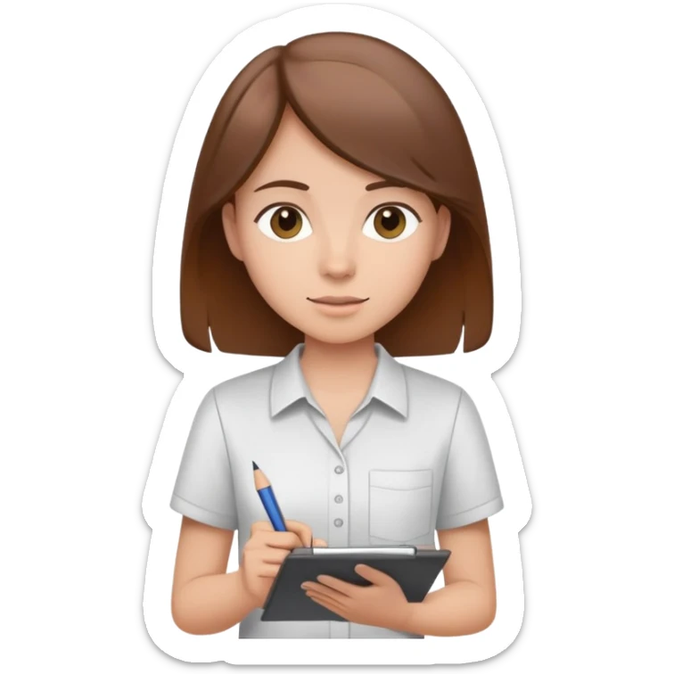 Intern or volunteer with brown hair holding a clipboard and pencil, ready to take notes or assist. The character wears a simple shirt and has an eager posture sticker