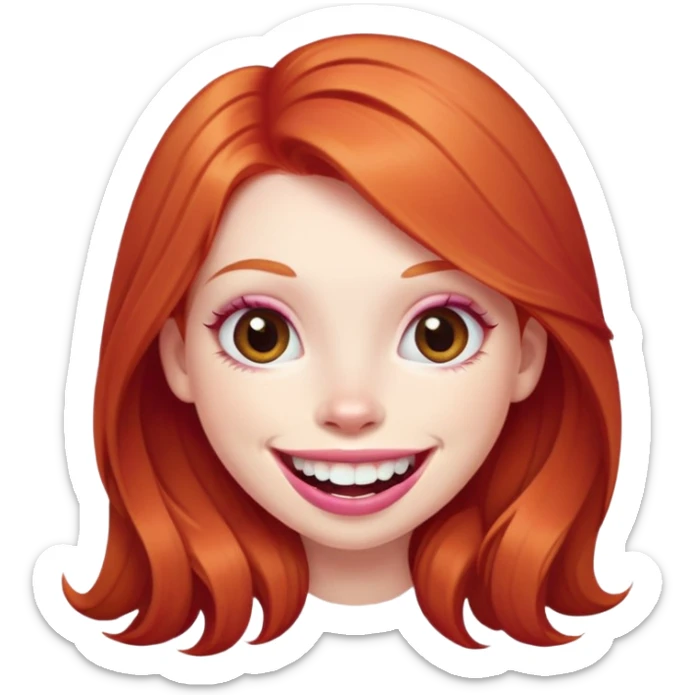 Young girl with pale skin, full pink lips smiling with big teeth, ginger red hair (very long), bigger nose, extra large brown eyes (very big eyes), big mouth sticker
