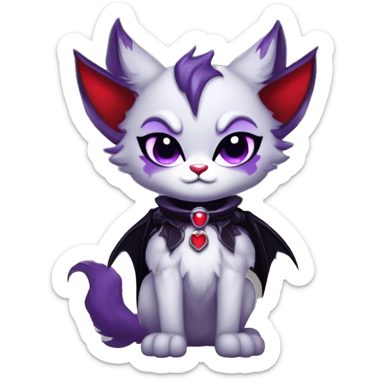 Anthro-Cute-Edgy-Cool-Vampiric-Batty-Cat-Black-Purple-Red-Grey-White-Contrast-Colors-Fantasy-Fur-Sona-Chibi-Shiny-Fakémon-Hybrid with horns and fangs and collar full body sticker