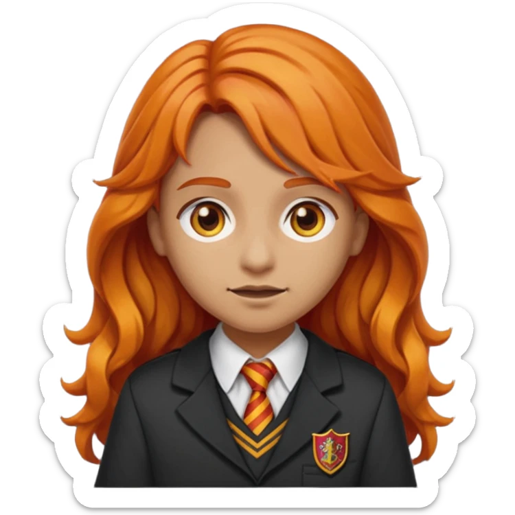 A iphone emoji with long wavy fierce orange hair and hazel eyes, wearing Gryffindor school uniform sticker