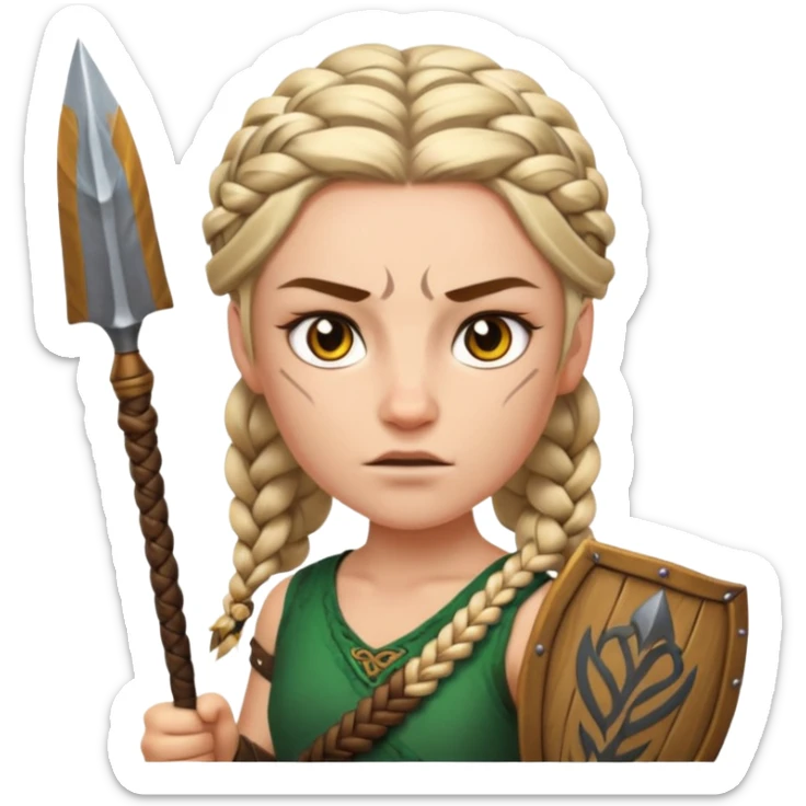 Emoji portrait of a Celtic warrior. Braided hair, fierce expression, holding a spear. sticker