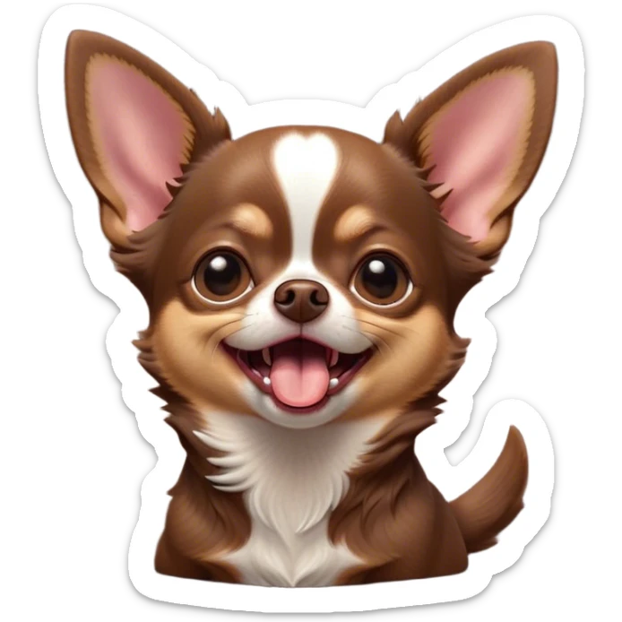 Cinematic Cute Yawning Chocolate Short Haired Chihuahua Portrait Emoji, Head tilted slightly with a dramatic, wide-open yawn, soft chocolate fur with a velvety texture, floppy ears slightly drooping, round dark eyes barely open in drowsy contentment, Simplified yet irresistibly adorable features, highly detailed, glowing with a soft, cozy glow, high shine, relaxed yet expressive, stylized with a touch of whimsy, bright and endearing, soft glowing outline, capturing the essence of a sleepy yet affectionate pup, so drowsy it feels like it could stretch right out of the screen and curl up for a nap! sticker