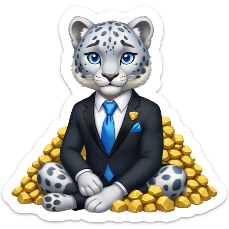 muscular snow leopard in black suit with blue tie sitting on pile of gold nuggets sticker