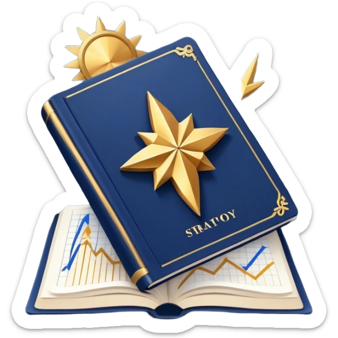 A navy blue productivity book with gold details, chart with upward trend aura, radiating productivity, strategy, and success in motion- sticker