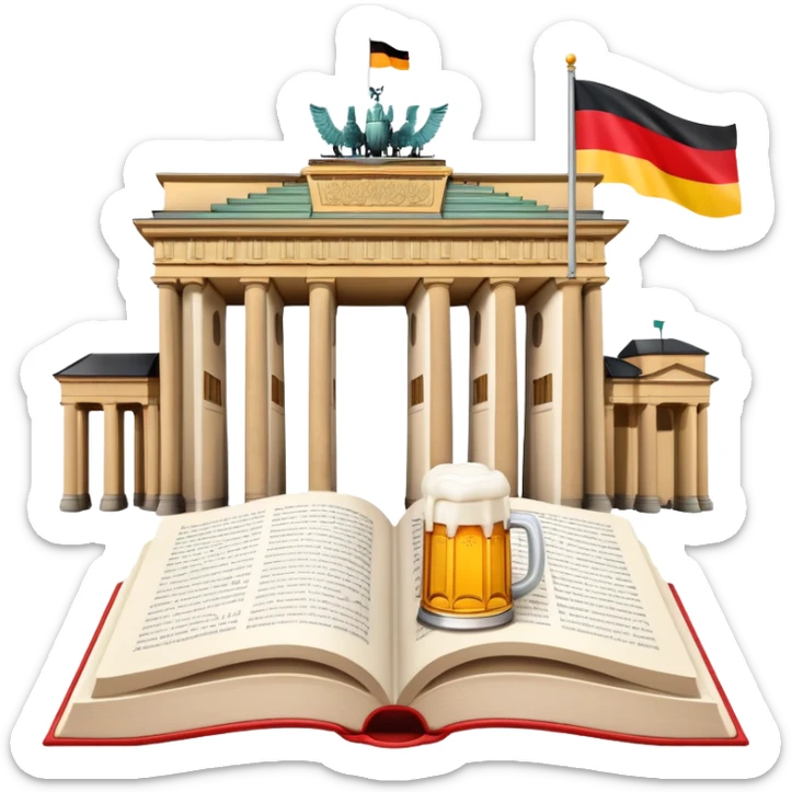 An icon featuring the Brandenburg Gate and the big flag of Germany, symbolizing the German language. The design includes an open book with German text and a stein of beer, representing language learning and German culture. Transparent background sticker