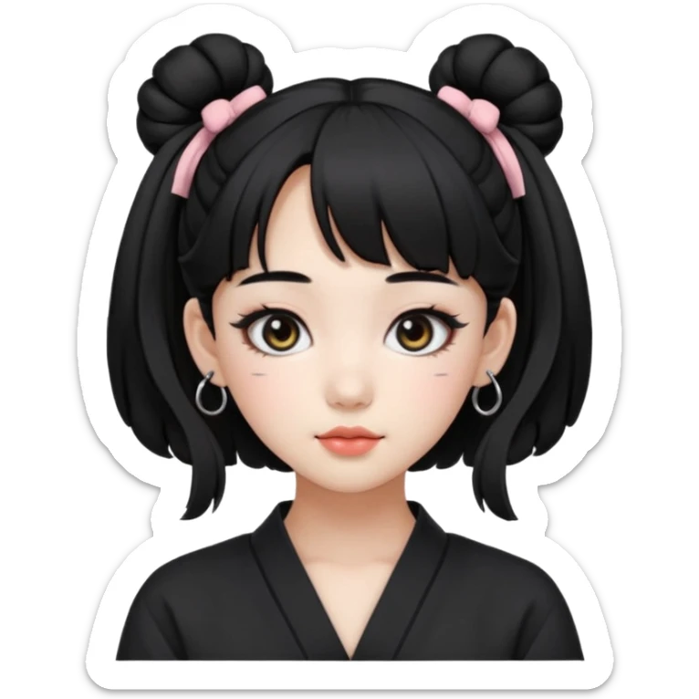 a beautiful girl face, wearing cute korean makeup, black hair, tied into two buns low near the ears with front bangs, kpop idol sticker