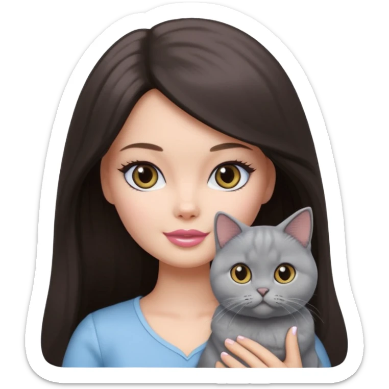 White Barbie girl dark brown long hair with British kitty sticker