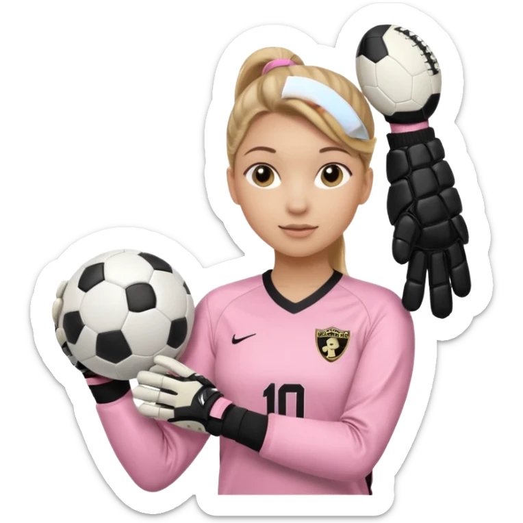 Make a dirty blonde football goalkeeper with goalkeeper gloves on holding a regular  The girl is light skinned and wearing a light pink football. Wearing a ponytail on back of head. Make it without the whole body. With full sleeves. WITHOUT A RUGBY BALL JUST REGULAR BLACK AND WHITE BALL. sticker