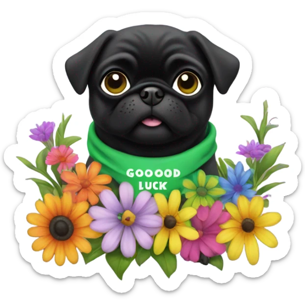 Black pug , surrounded by flowers, holding a green sign that says “good luck”  sticker