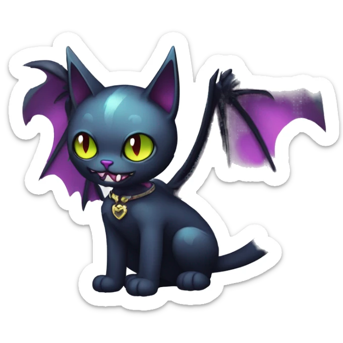   cool edgy kawaii ethereal dark-punk-themed animal vampiric cat-hybrid Fakemon with fangs and bat-wing-ears with a collar full body sticker