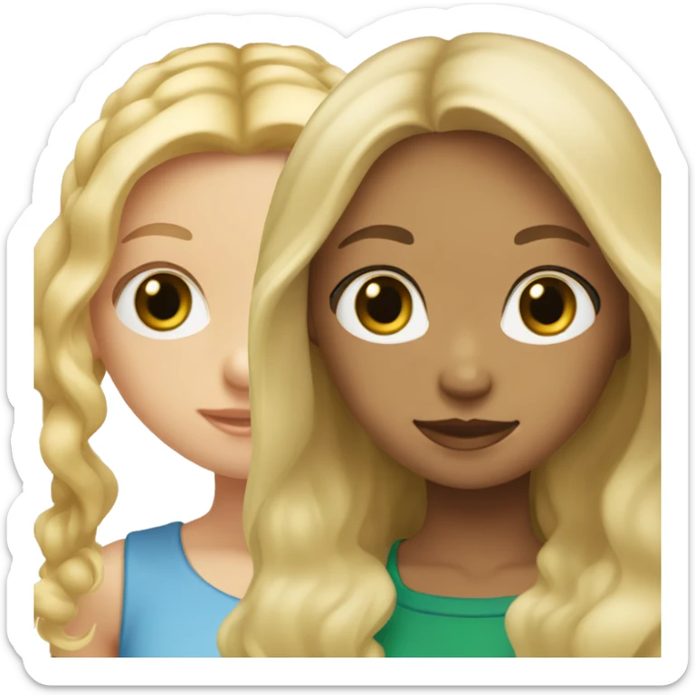 Two girls, one of them is a blonde with straight hair, fair skin and green eyes, the other one has fair skin, blue eyes, light brown curly hair sticker