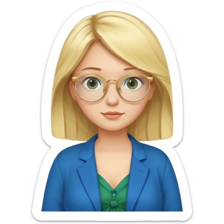 pregnant blonde 18-year old with golden glasses in a bright blue dress and a dark green jacket on top of the blue dress sticker