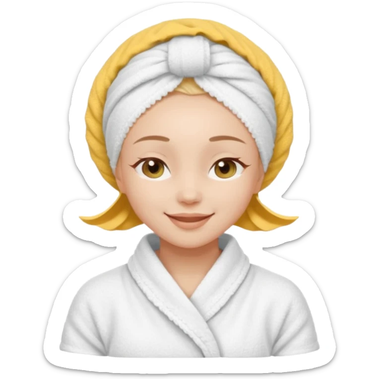 cute girl with her eyes closed and smiling, wearing a white spa towel as her clothes in she has a white spa towel on her head, white face skincare mask whole face sticker