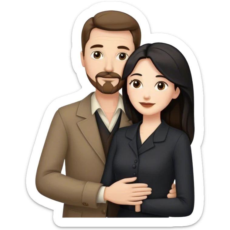 middle aged couple, tall white man with brown hair goatee mustache hugging a pale woman with long black hair, wearing elegant clothing sticker