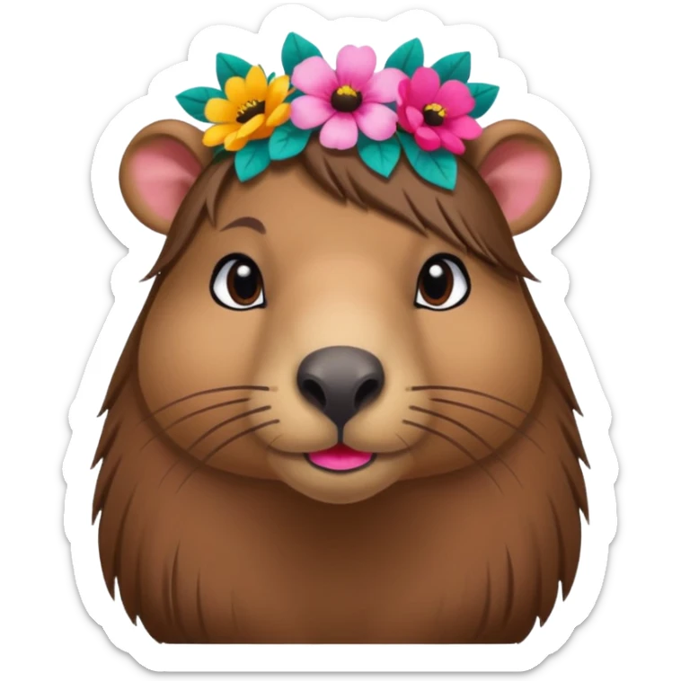 capybara with faka eye lashes and make up on - bright lipstick and eye make up - long brown hair, flowers in her hair

 sticker
