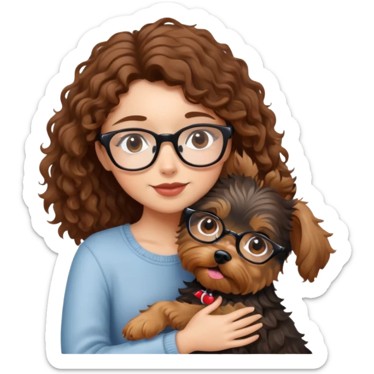Girl with brown curly hair and glasses hugging a yorkshire terrier dog sticker