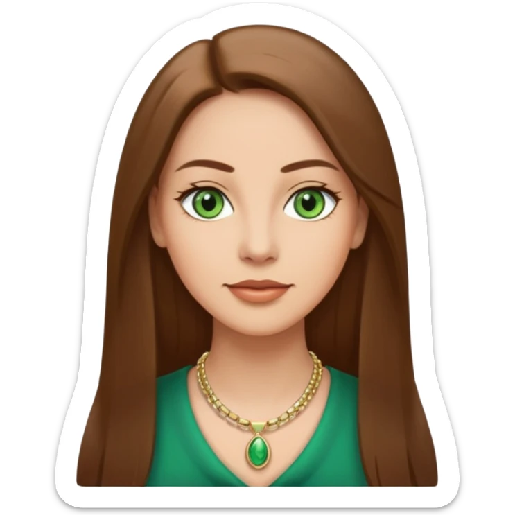 Adult woman avatar, light skin tone, oval face, straight long brown hair, green eyes, neutral mouth, elegant  sticker