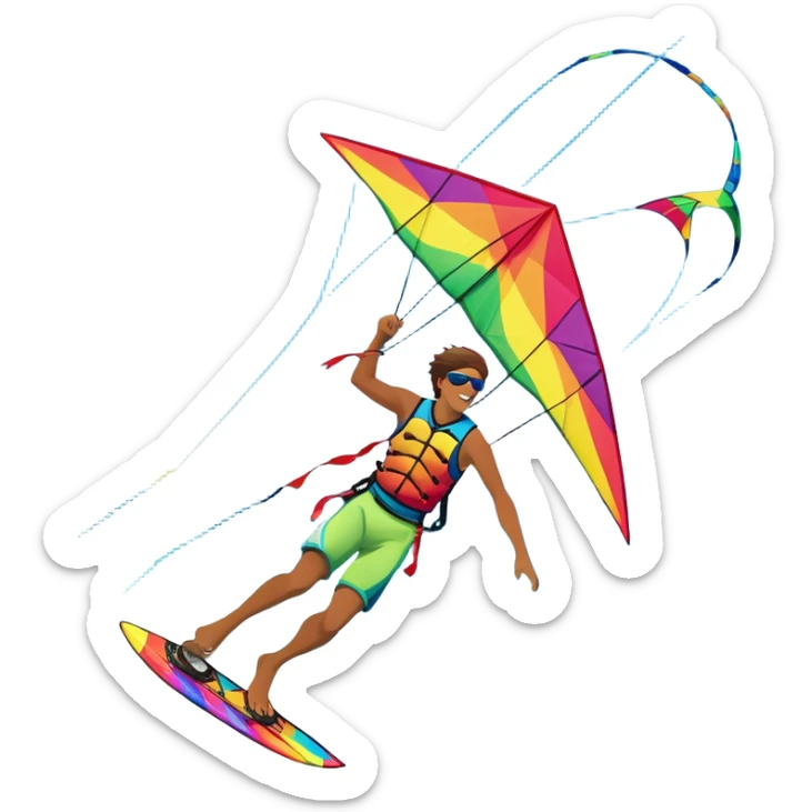 A vibrant kite soaring high in the sky, attached to a kiteboarder riding the waves below. The scene is filled with bright colors, capturing the energy of the sport. The background features the ocean, wind-blown waves, and a clear sky, showcasing the excitement and freedom of kiting. sticker