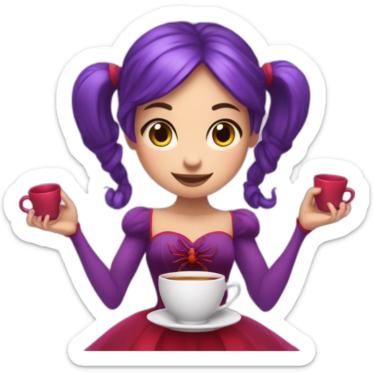 purple spider girl with pigtails and a red dress and holding teacups in all of her four arms sticker