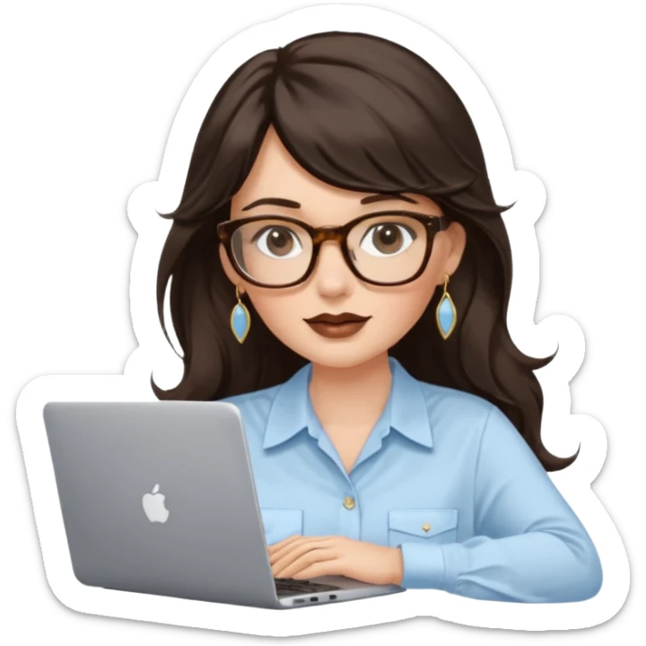A white woman with long wavy dark brown hair and a whispy bang, wearing thick tortoise SQUARE glasses, gold drop earrings. She has long lashes and a nude browny glossy lipstick. She's wearing an oversize light blue shirt with white vertical strips. She's working on a laptop sticker