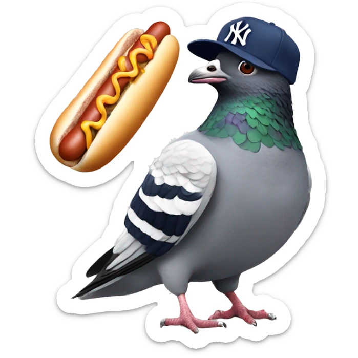 pigeon wearingpigeon wearing New York yankee hat while smashing a hotdog New York yankee hat while eating a hotdog sticker