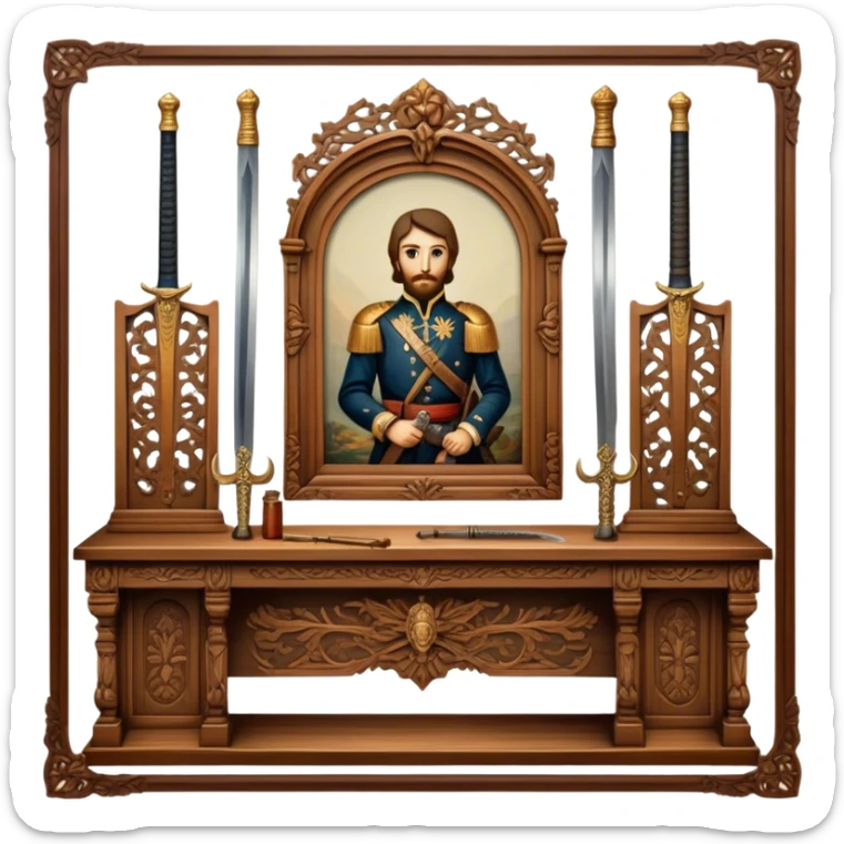 Icon for Antiques Collecting: vintage intricately carved furniture, famous paintings, antique swords, and rifles. The items are displayed on a wooden table or shelf. The icon should evoke the rich history and craftsmanship of antique collecting. Transparent background. sticker