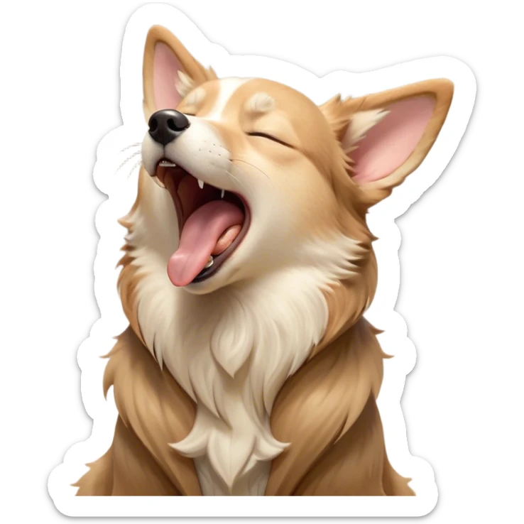 Cinematic Cute Yawning Domestic Dog Portrait Emoji, Head tilted slightly with a dramatic, wide-open yawn, showcasing a plush, inviting coat with gently drooping ears and half-closed, drowsy eyes, Simplified yet irresistibly adorable features, highly detailed, glowing with a soft, cozy glow, high shine, relaxed yet expressive, stylized with a dash of playful whimsy, soft glowing outline, capturing the essence of a sleepy yet affectionate dog that seems ready to stretch out for a nap! sticker