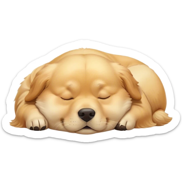 Cinematic Meme-Worthy Chubby Sleeping Golden Retriever Portrait Emoji, Head resting peacefully with a contented smile, showcasing a delightfully chubby build and a luxuriously soft golden coat, eyes shut in a serene nap, Simplified yet hilariously adorable features, highly detailed, glowing with a soft, drowsy light, high shine, relaxed and utterly lovable, stylized with an air of playful laziness, bright and heartwarming, soft glowing outline, capturing the essence of a comically sleepy companion, so meme-worthy it feels like it could instantly become the next viral sensation of adorable slumber! sticker
