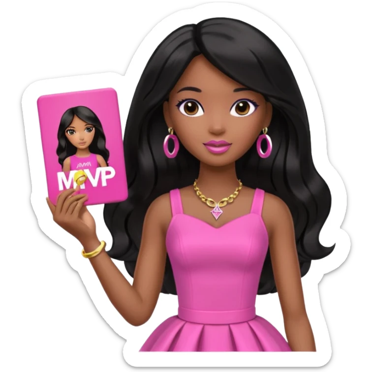 Black barbie, long black  hair, pink dress holding mvp sign  sticker